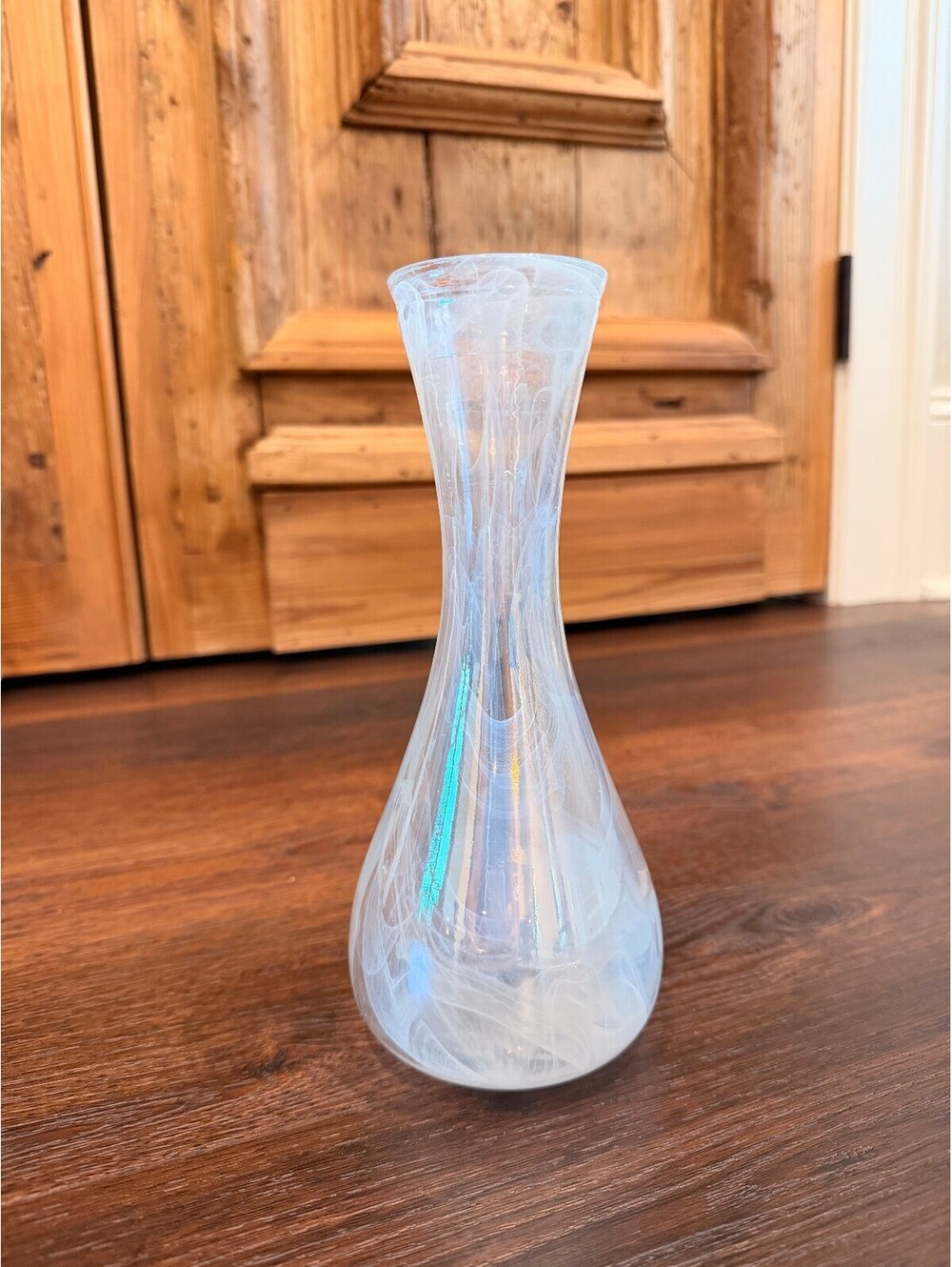 Home Decor | Iridescent - Pearlescent White Swirl Glass Bud Vase 9” | 1142